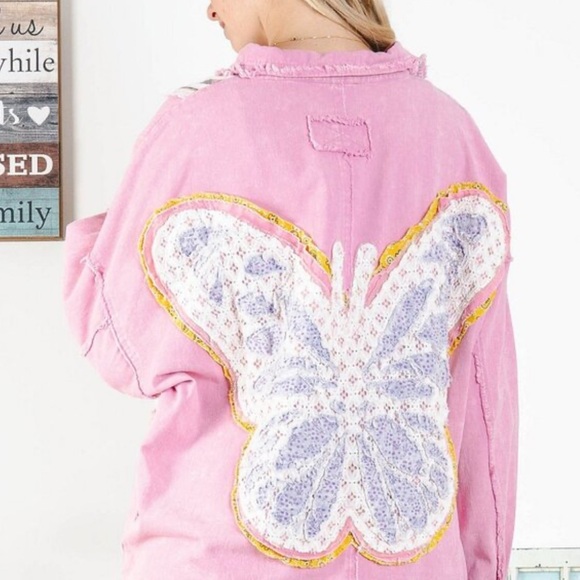 #365 BLUE VELVET PINK BUTTERFLY SHACKET - Picture 3 of 3